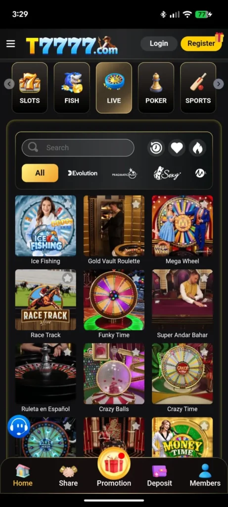 Live casino games on t7777 game app