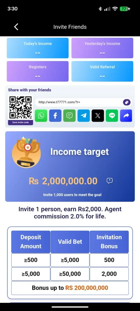 Refer and Earn on T7777 game
