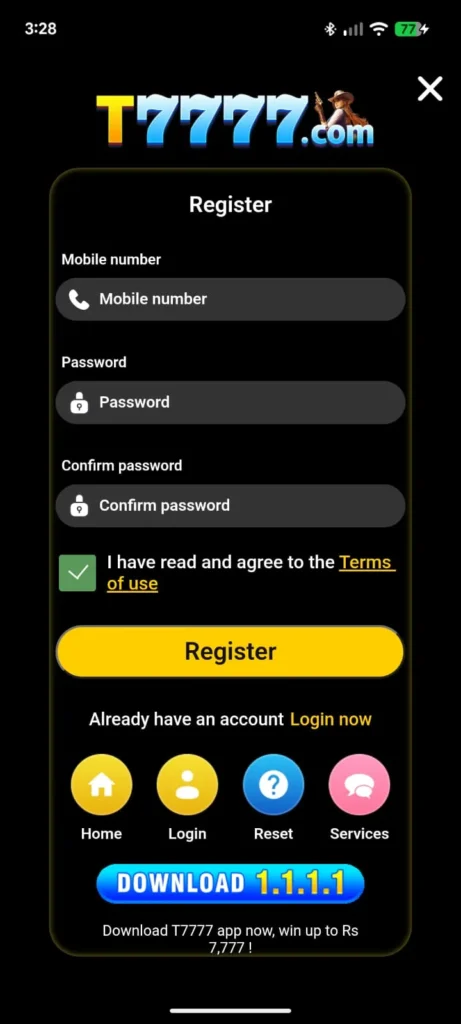 register on t7777 game app